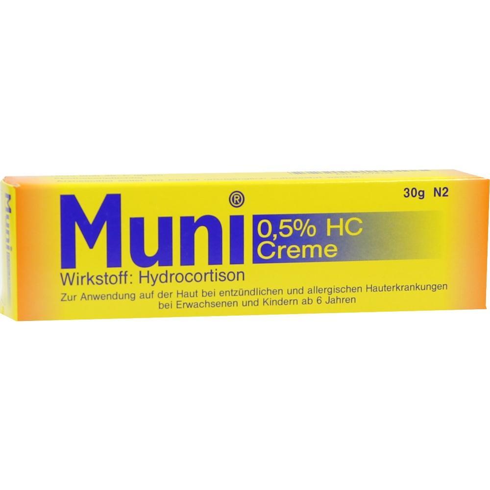 Gelbe Creme-Packung mit der Aufschrift "Muni 0,5% HC Creme, Hydrocortison".