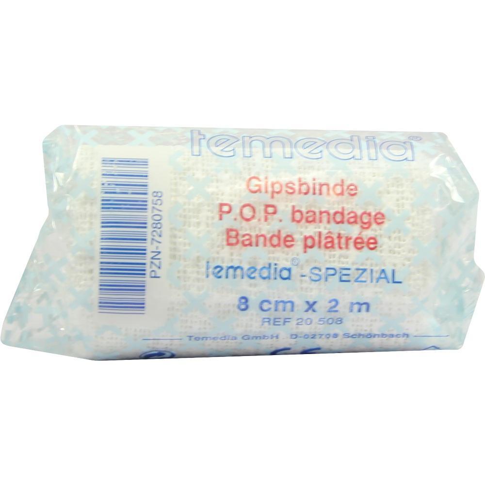 Eine verpackte Gipsbinde von temedia, 8 cm breit und 2 m lang.