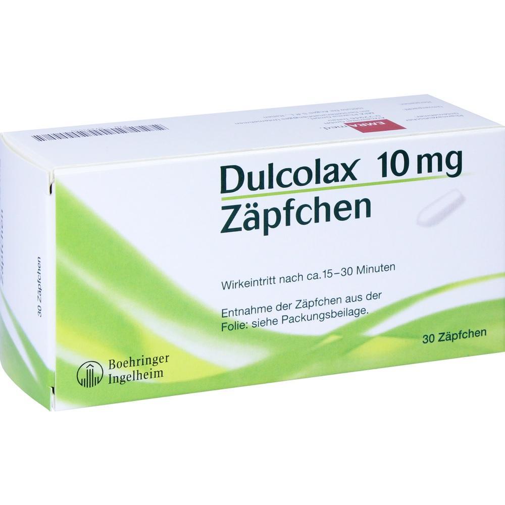 Schachtel mit 30 Zäpfchen "Dulcolax" 10 mg für schnelle Wirkung.