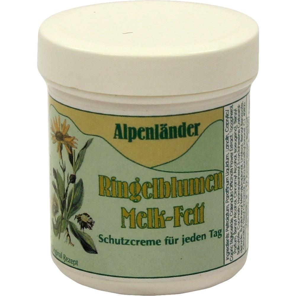 Weißer Cremetopf mit Ringelblumendesign und Aufschrift „Alpenländer Ringelblumen Melk-Fett“.