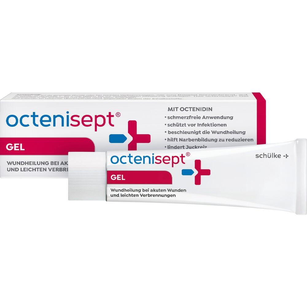 Eine Tube Octenisept-Gel neben der zugehörigen Verpackung.