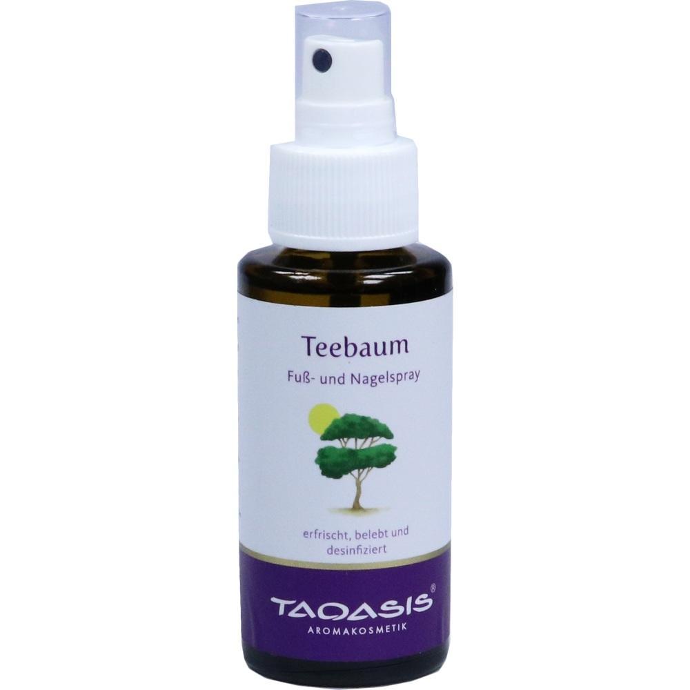 Braune Sprayflasche mit Etikett: "Teebaum Fuß- und Nagelspray".