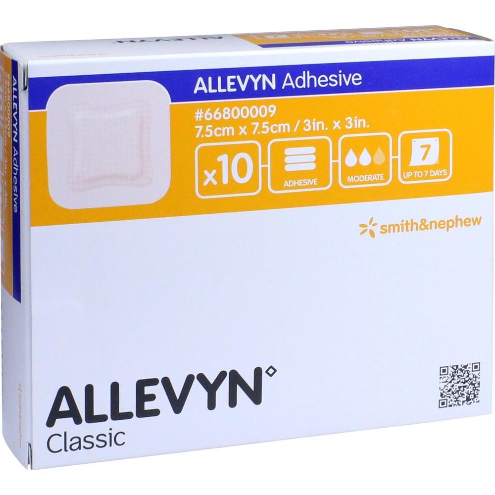 Ein weißer Karton mit der Aufschrift "Allevyn Adhesive" und Details zu Verbandmaterial.