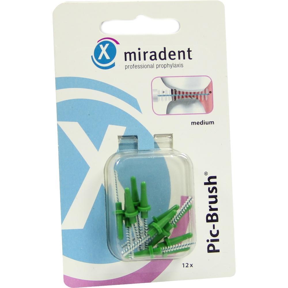 Verpackung mit grünen Interdentalbürsten der Marke Miradent.