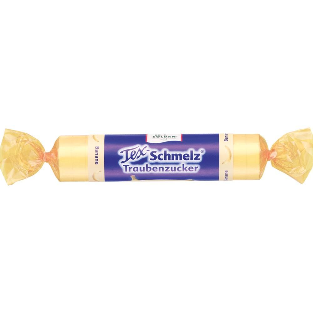 Eine gelbe Packung Traubenzucker mit Bananengeschmack.