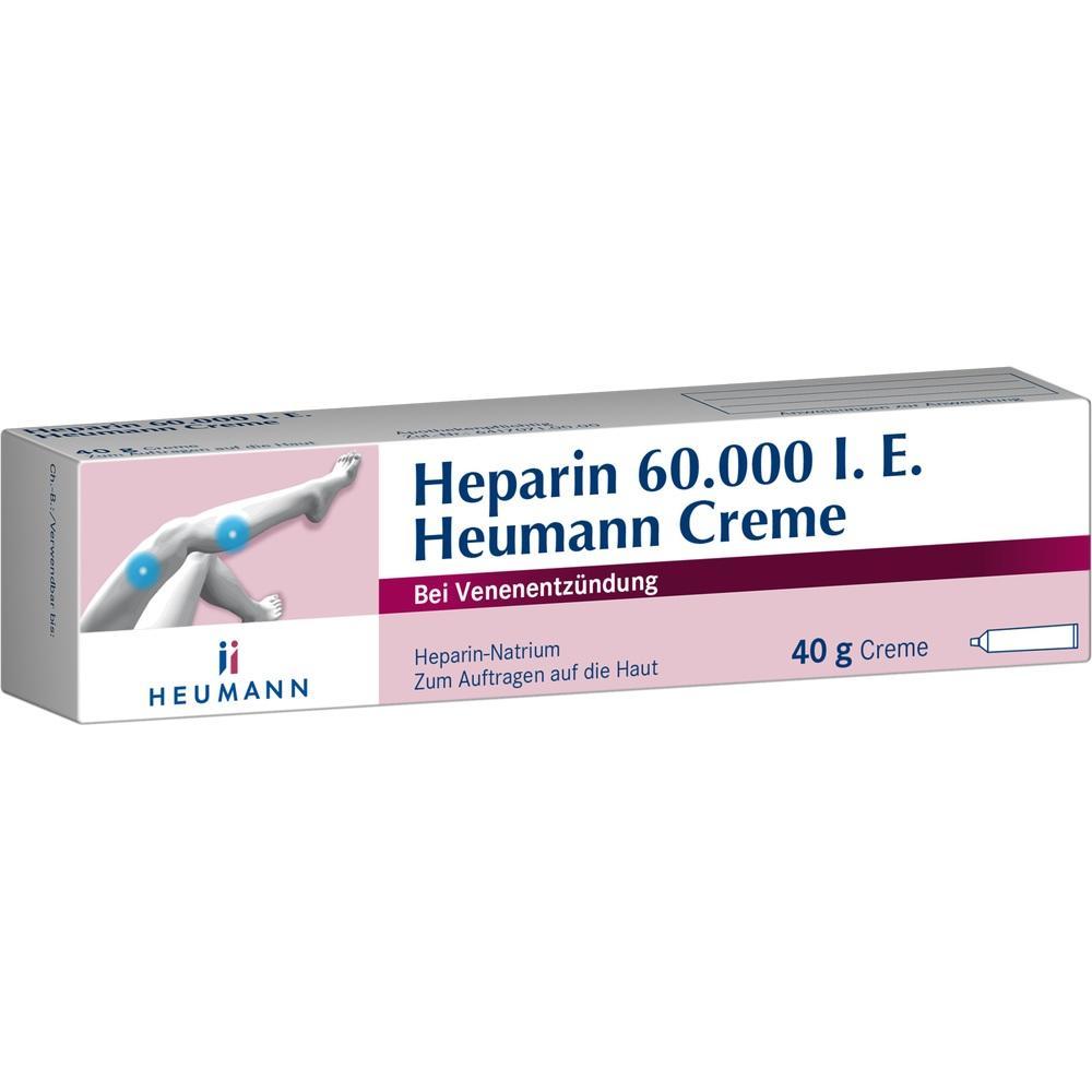 Wei&szlig;e Verpackung einer Heparin-Creme f&uuml;r Venenentz&uuml;ndung, 40 g, von Heumann.