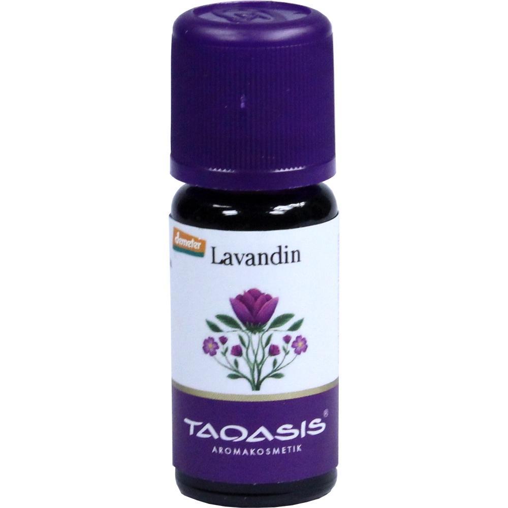 Kleines, violettes Fläschchen mit Lavandin-Öl und Blumenbild auf dem Etikett.