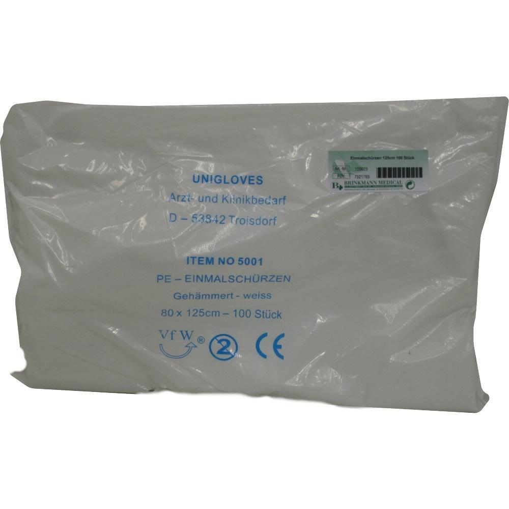 Eine Packung mit 100 weißen Einmalschürzen aus Plastik.