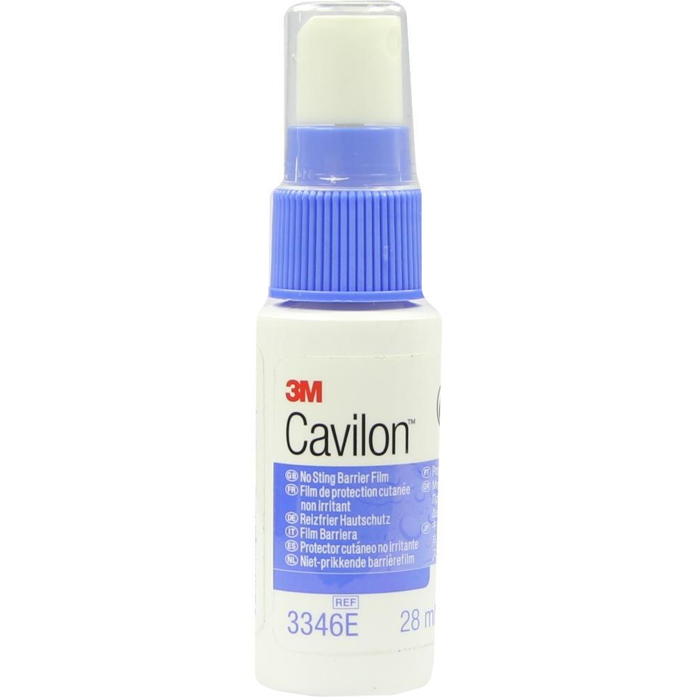 Eine weiße Sprühflasche mit blauem Deckel und der Aufschrift "Cavilon".