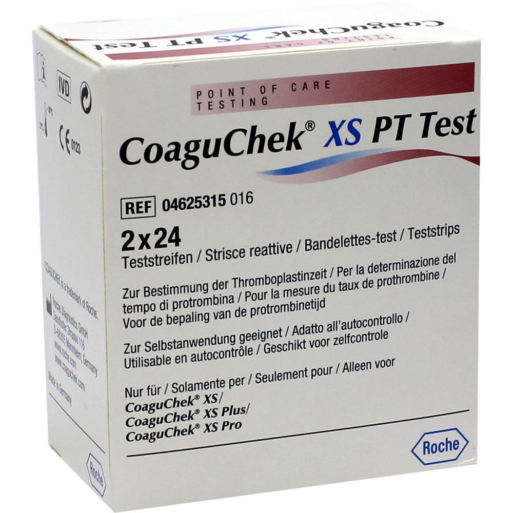 Eine weiße Verpackung für CoaguChek XS PT Teststreifen von Roche.