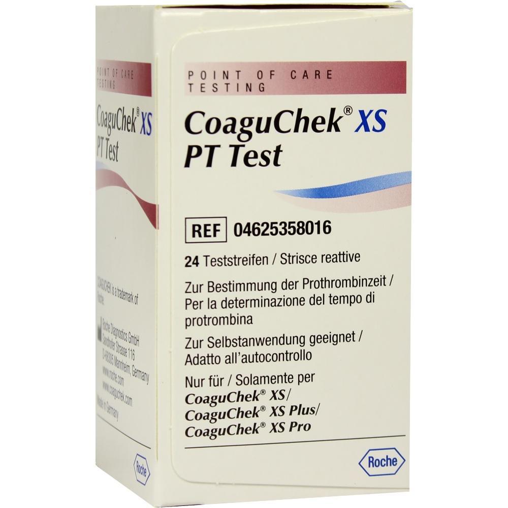 Eine Verpackung für CoaguChek XS PT Teststreifen mit 24 Stück.