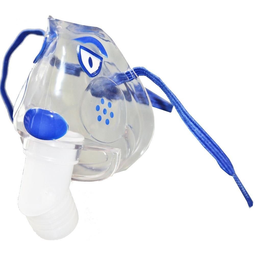 Transparente Atemmaske mit blauem Band und lustigen Verzierung.