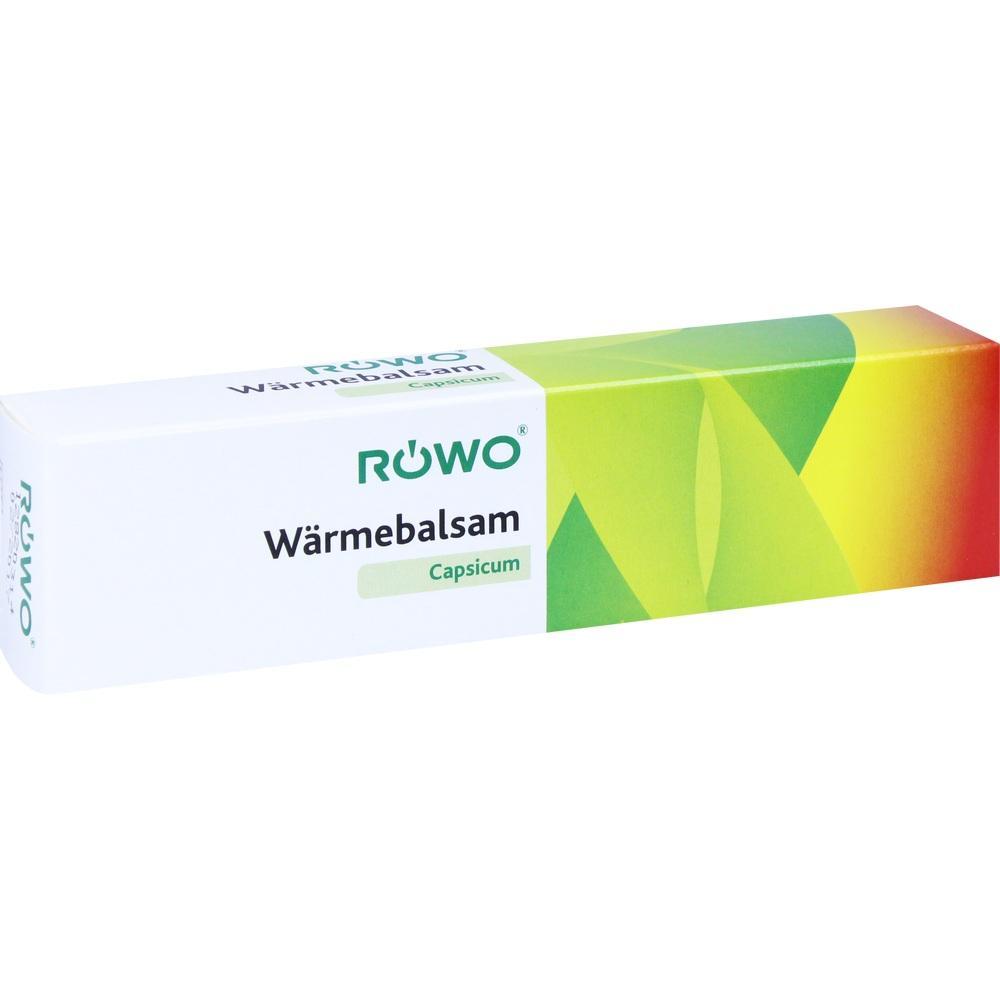 Eine grün-gelbe Packung mit der Aufschrift "RÖWO Wärmebalsam Capsicum".