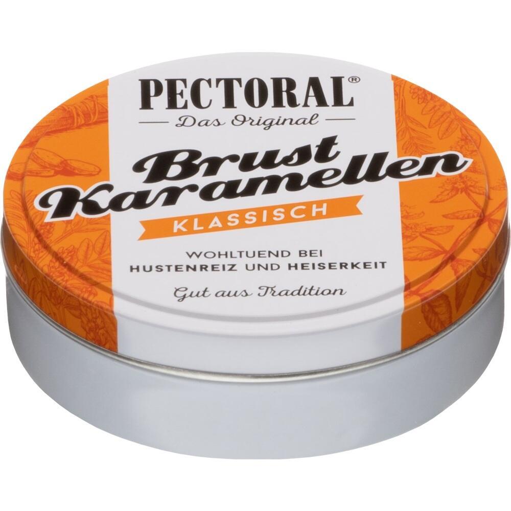 Runde Dose mit der Aufschrift "Brustkaramellen klassisch" auf dem Deckel.