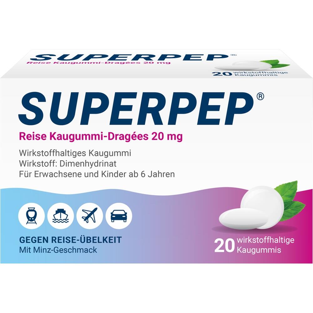 Verpackung von Kaugummis gegen Reise-Übelkeit mit Minzgeschmack.