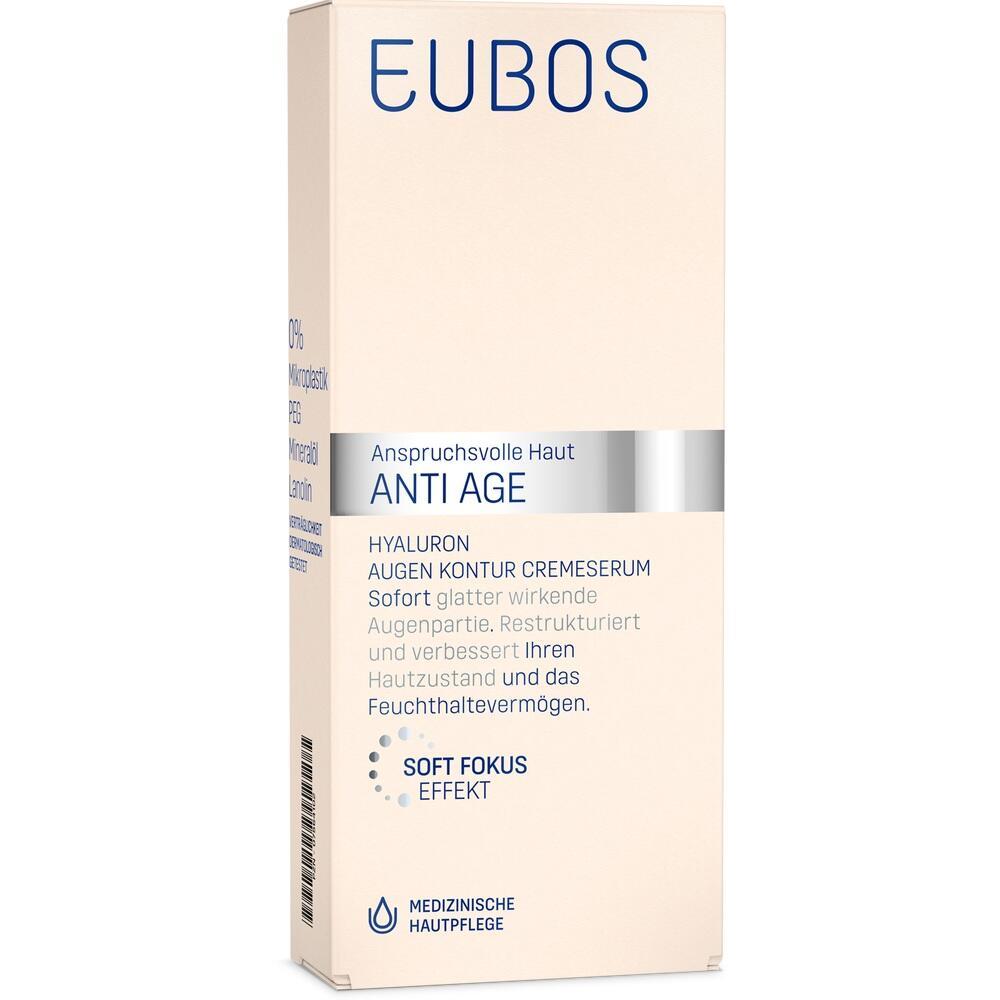 Eine cremefarbene Schachtel f&uuml;r Anti-Age Augencremeserum der Marke EUBOS.