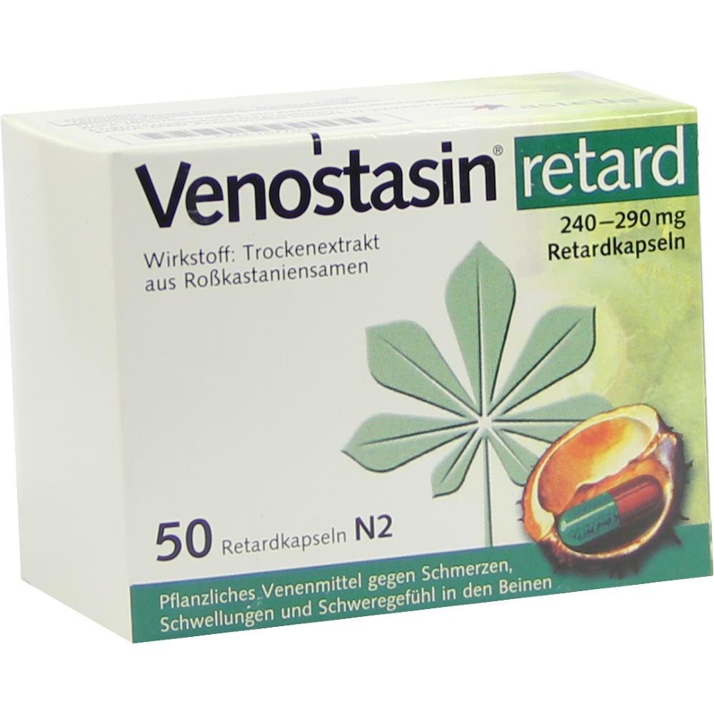 Eine Verpackung von Veno&szlig;tasin Retard, einem pflanzlichen Venenschutzmittel.