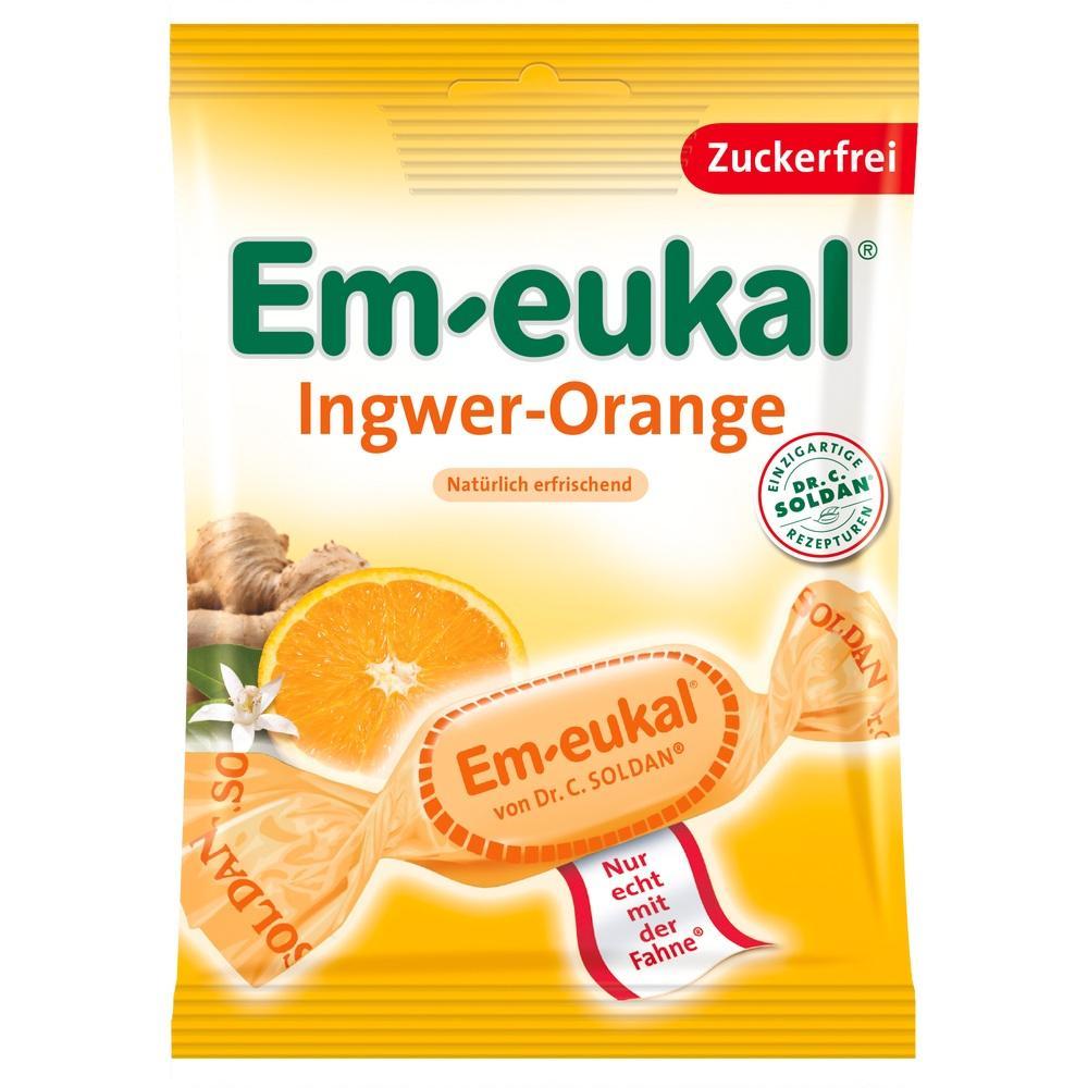 Packung Em-eukal Bonbons mit Ingwer-Orange-Geschmack, zuckerfrei.