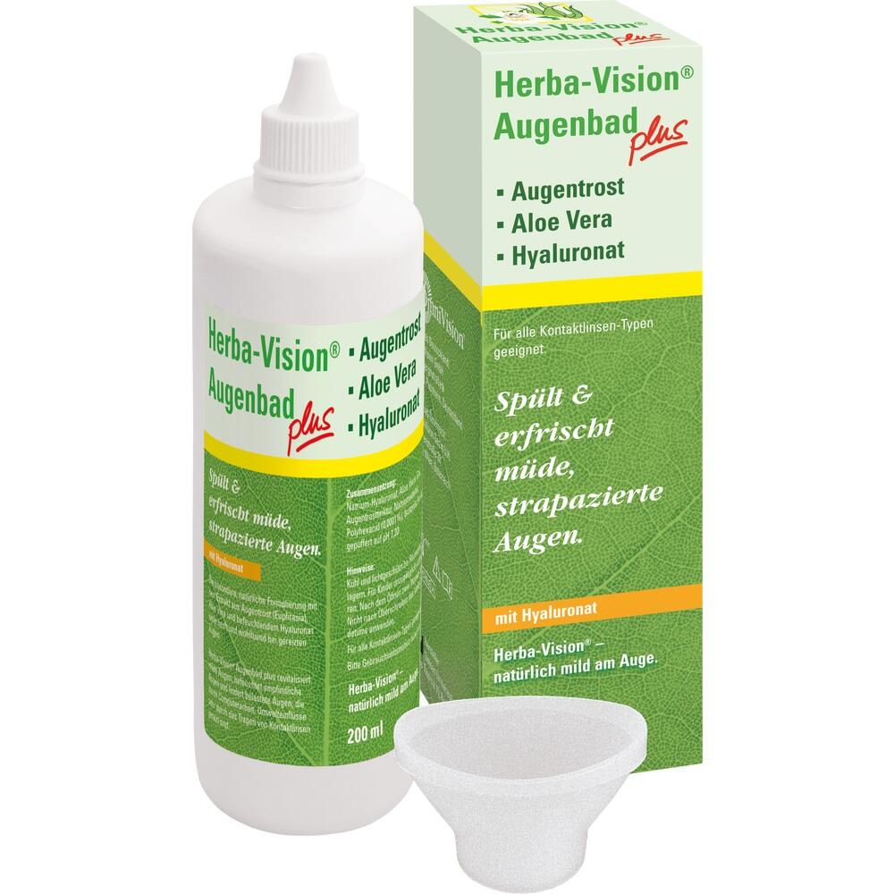 Flasche und Verpackung von Herba-Vision Augenbad mit kleinem Plastikbehälter.