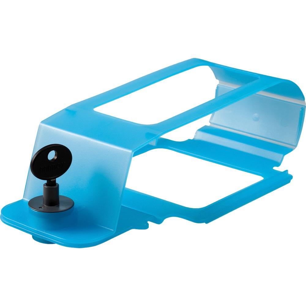 Blauer Fahrrad-Bügelhalter mit schwarzem Schlüsselschloss.