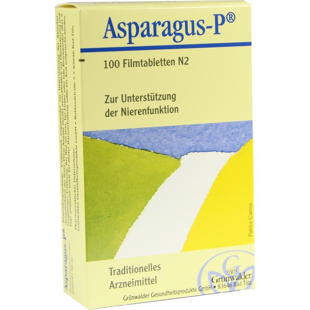 Gelbe Medikamentenschachtel mit der Aufschrift "Asparagus-P", zur Unterst&uuml;tzung der Nierenfunktion.