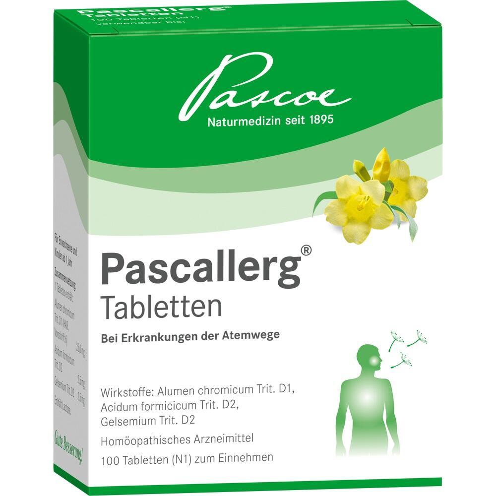 Eine grüne Packung von Pascallerg-Tabletten mit gelben Blumen darauf.