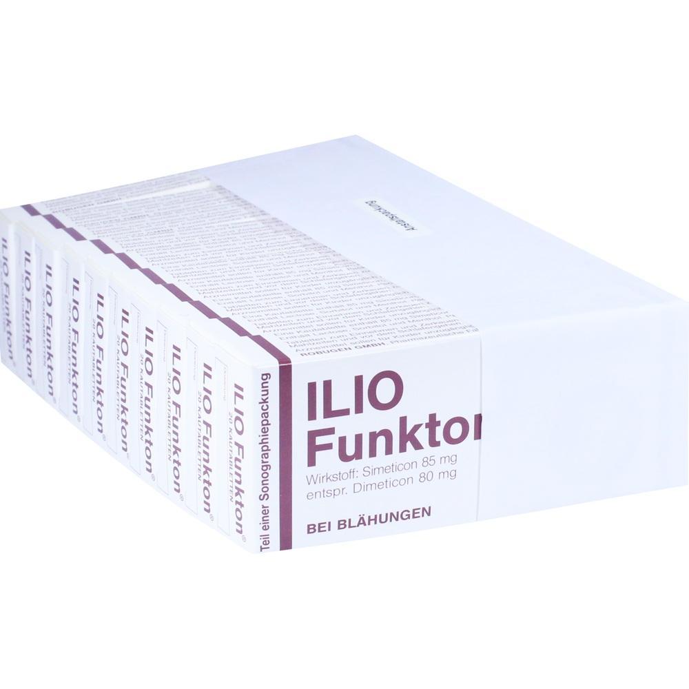 Eine weiße Medikamentenbox mit der Aufschrift "ILIO Funktion" gegen Blähungen.