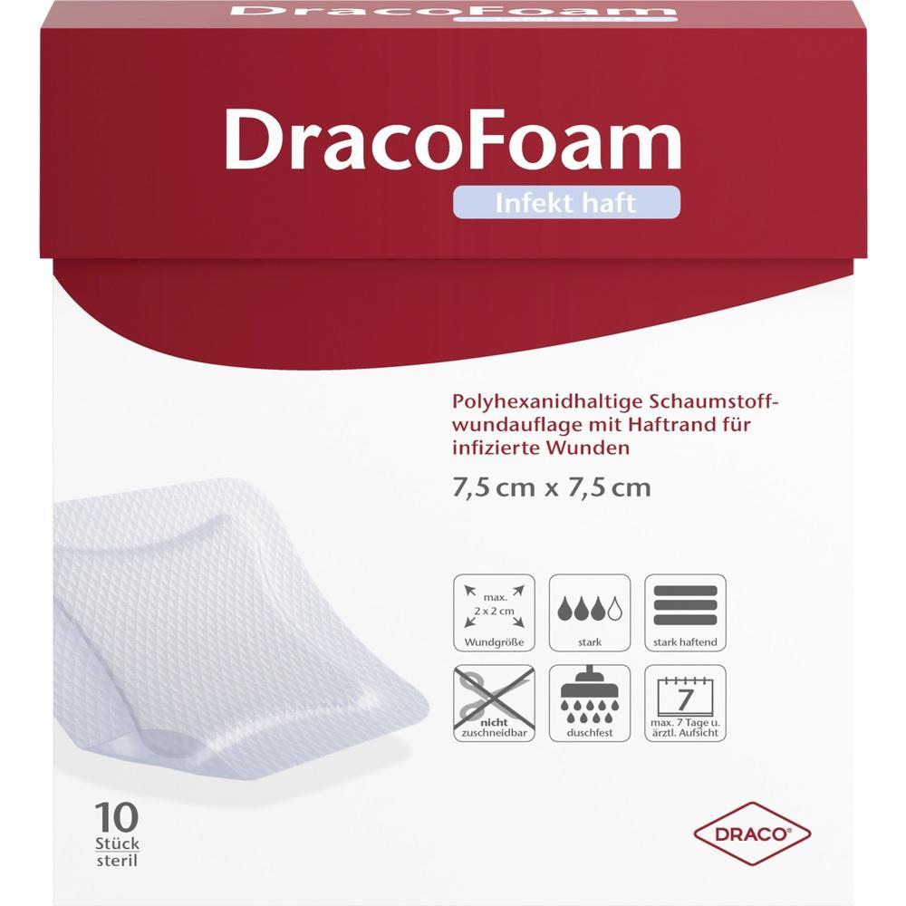 Verpackung von Schaumstoff-Wundauflagen für infizierte Wunden, 7,5 x 7,5 cm, 10 Stück.
