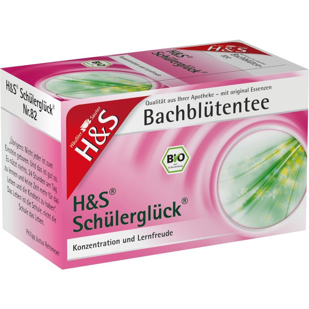 Eine rosa Teepackung mit der Aufschrift "H&S Schülerglück Bachblütentee".