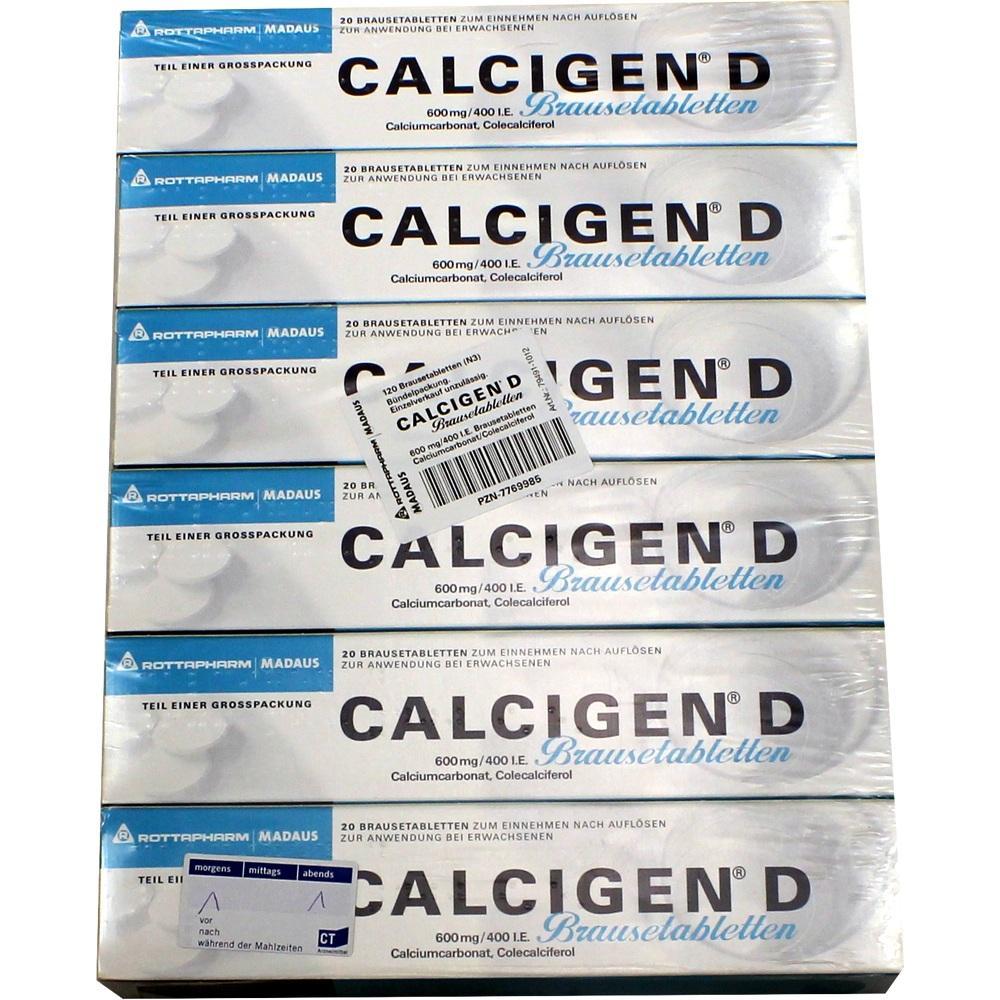 Mehrere Packungen von Calcigen D Brausetabletten sind gestapelt.