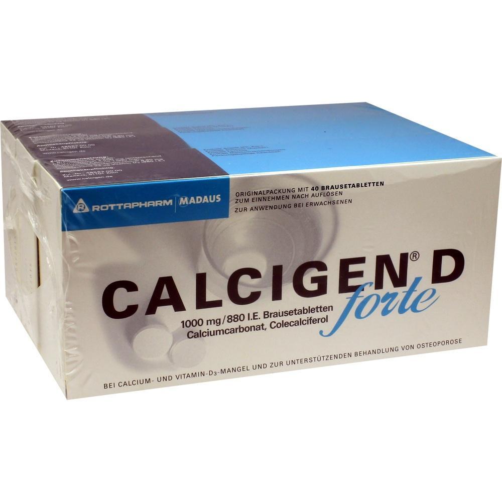 Verpackung von Calcigen D forte Brausetabletten zur Nahrungsergänzung.
