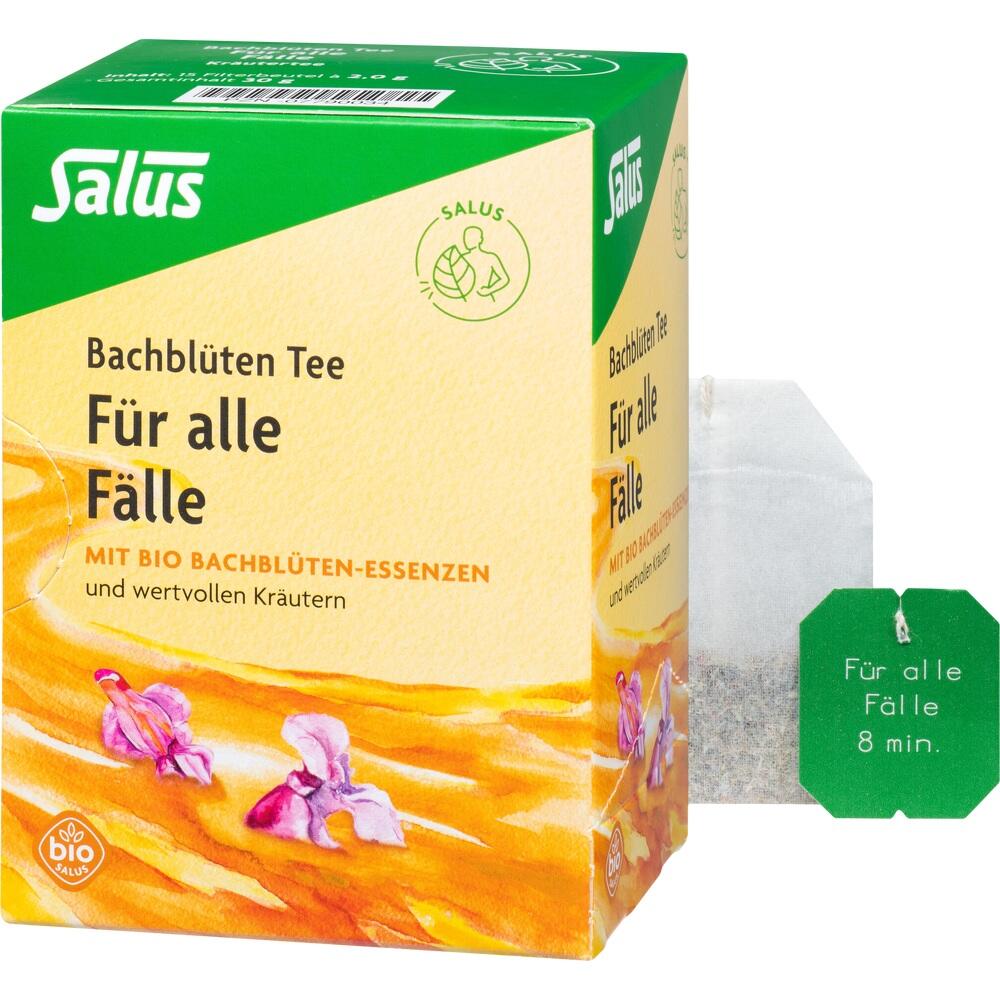 Eine Schachtel Bachblüten-Tee mit Teebeutel daneben.