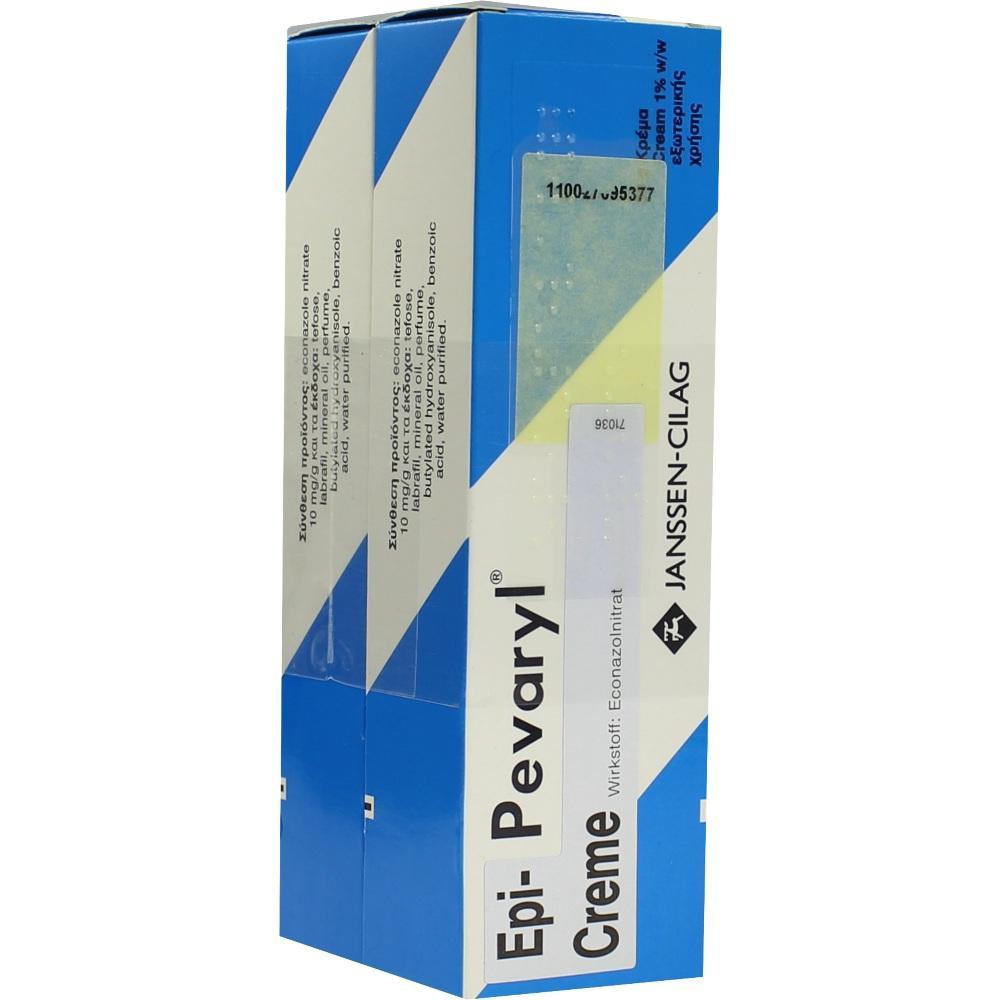 Eine Packung Epi-Pevaryl Creme mit blauer und weißer Verpackung.