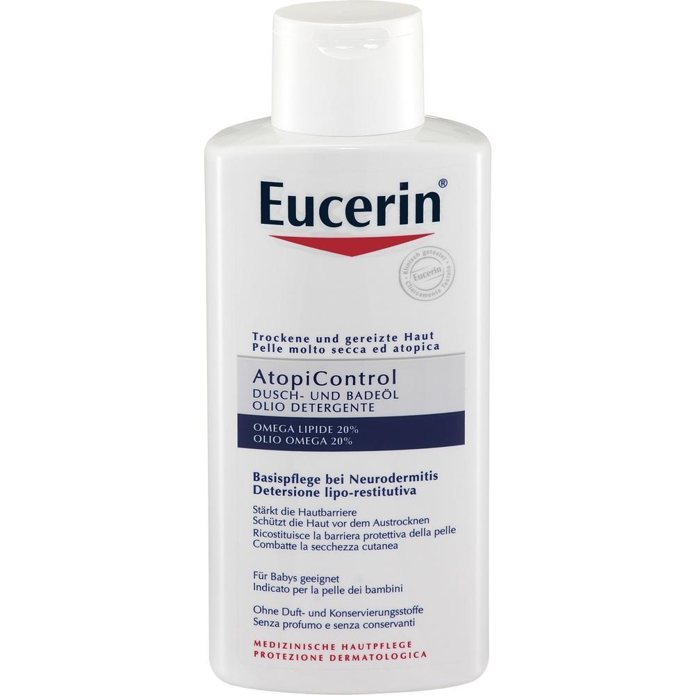 Flasche von Eucerin AtopiControl Dusch- und Badeöl für trockene, gereizte Haut.