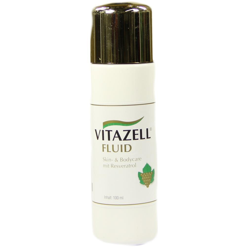 Eine wei&szlig;e Flasche mit der Aufschrift "VITAZELL FLUID" f&uuml;r Haut- und K&ouml;rperpflege.