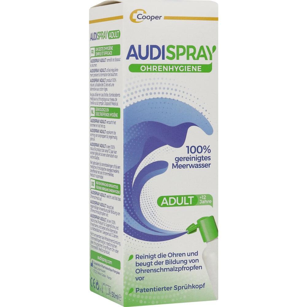 Eine Packung mit Ohrenspray für Erwachsene aus gereinigtem Meerwasser.