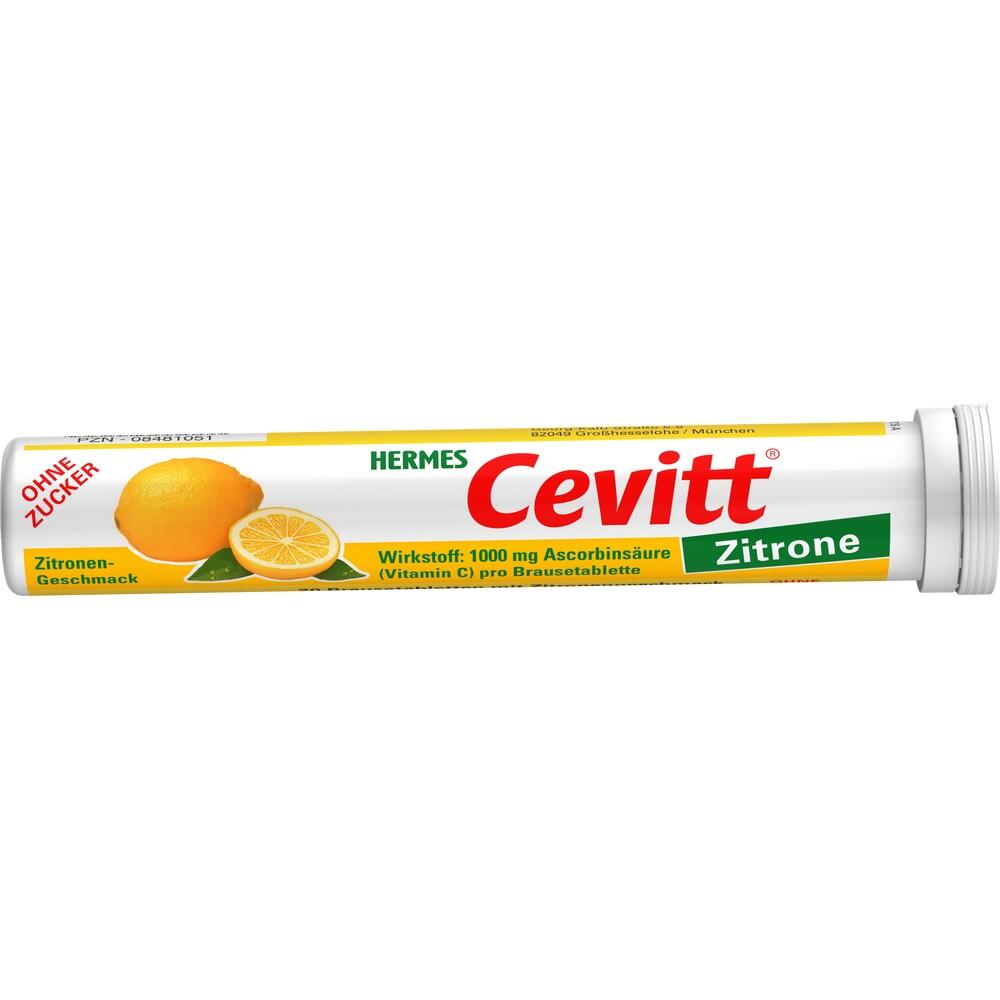 Eine wei&szlig;e R&ouml;hrchenverpackung mit Zitronenmotiv und der Aufschrift "Cevitt Zitrone".