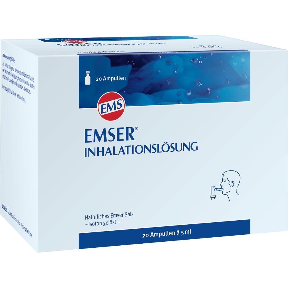 Weiße Verpackung mit Emser Inhalationslösung für 20 Ampullen à 5 ml.