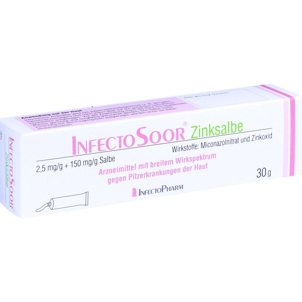 Eine Schachtel von InfectoSoor Zinksalbe zur Behandlung von Hautpilzen.