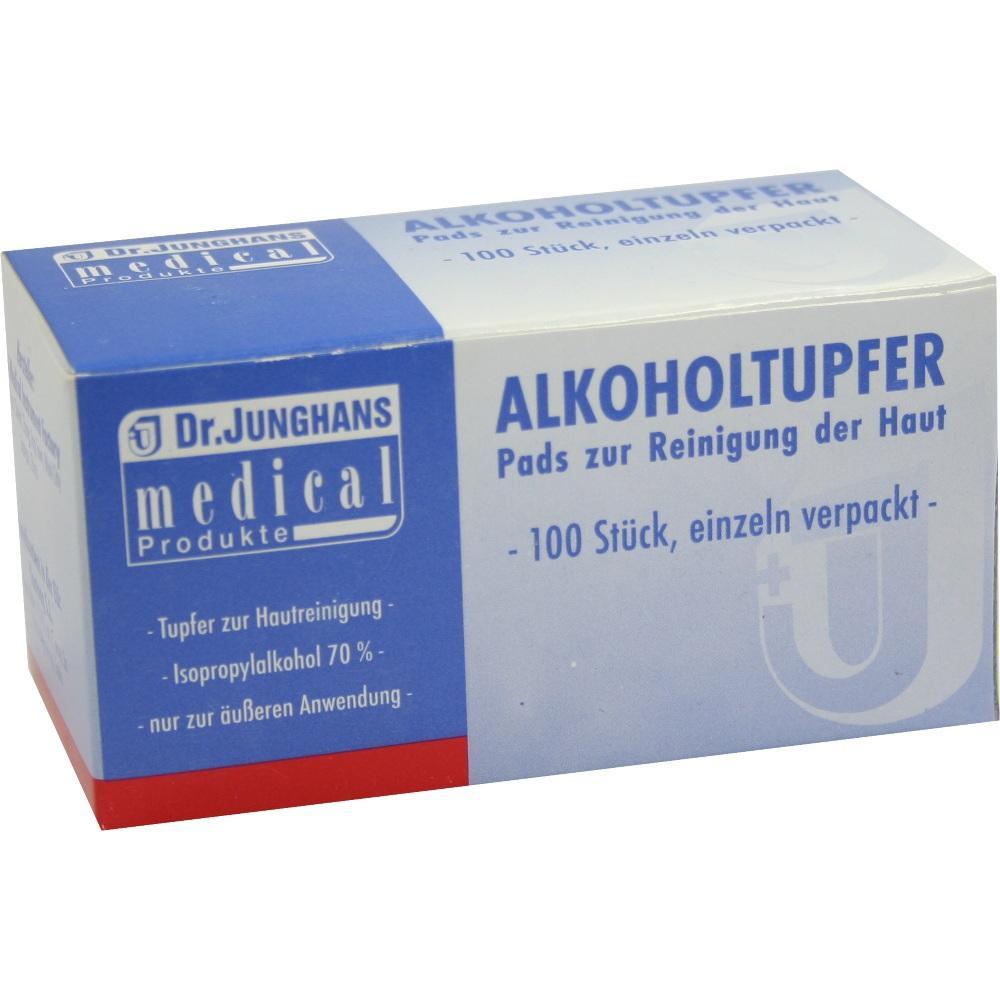 Eine Packung mit 100 Alkoholtupfern zur Hautreinigung.