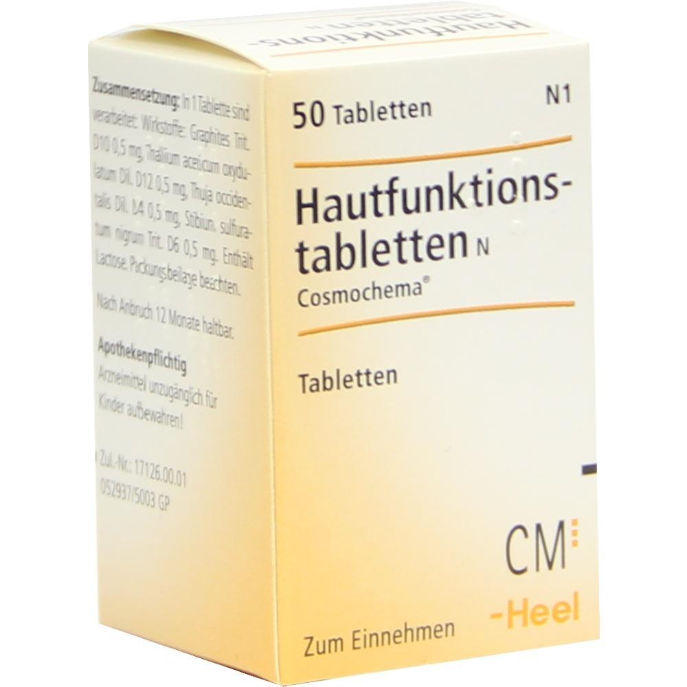 Eine gelbe Packung mit 50 Tabletten für die Hautfunktion.
