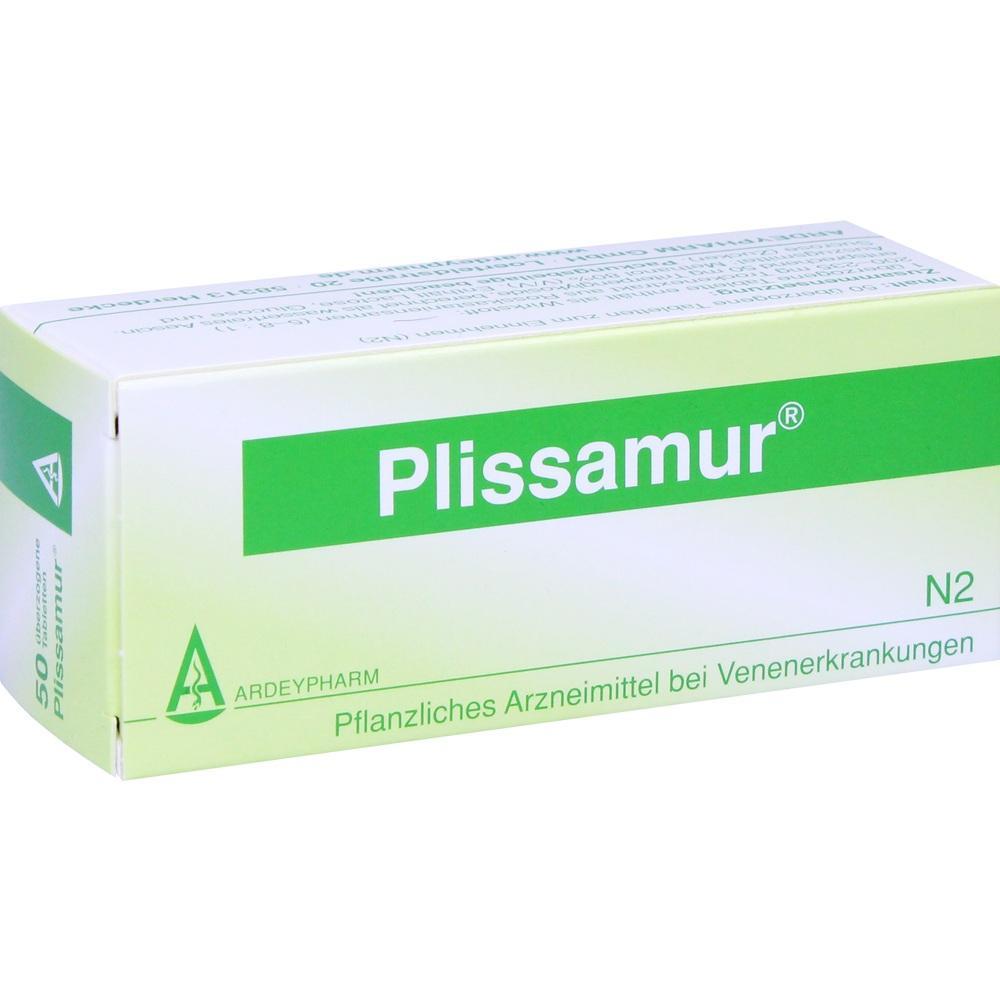 Grüne Medikamentenverpackung mit der Aufschrift "Plissamur".