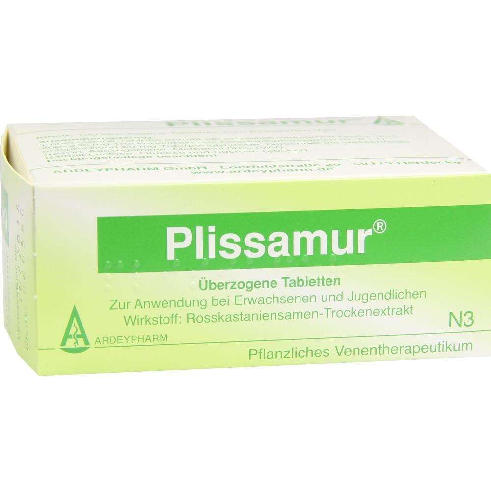 Eine grün-weiße Medikamentenschachtel mit der Aufschrift "Plissamur".