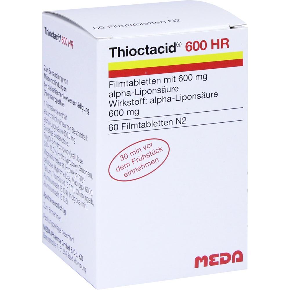 Eine weiße Medikamentenschachtel mit der Aufschrift "Thioctacid 600 HR".