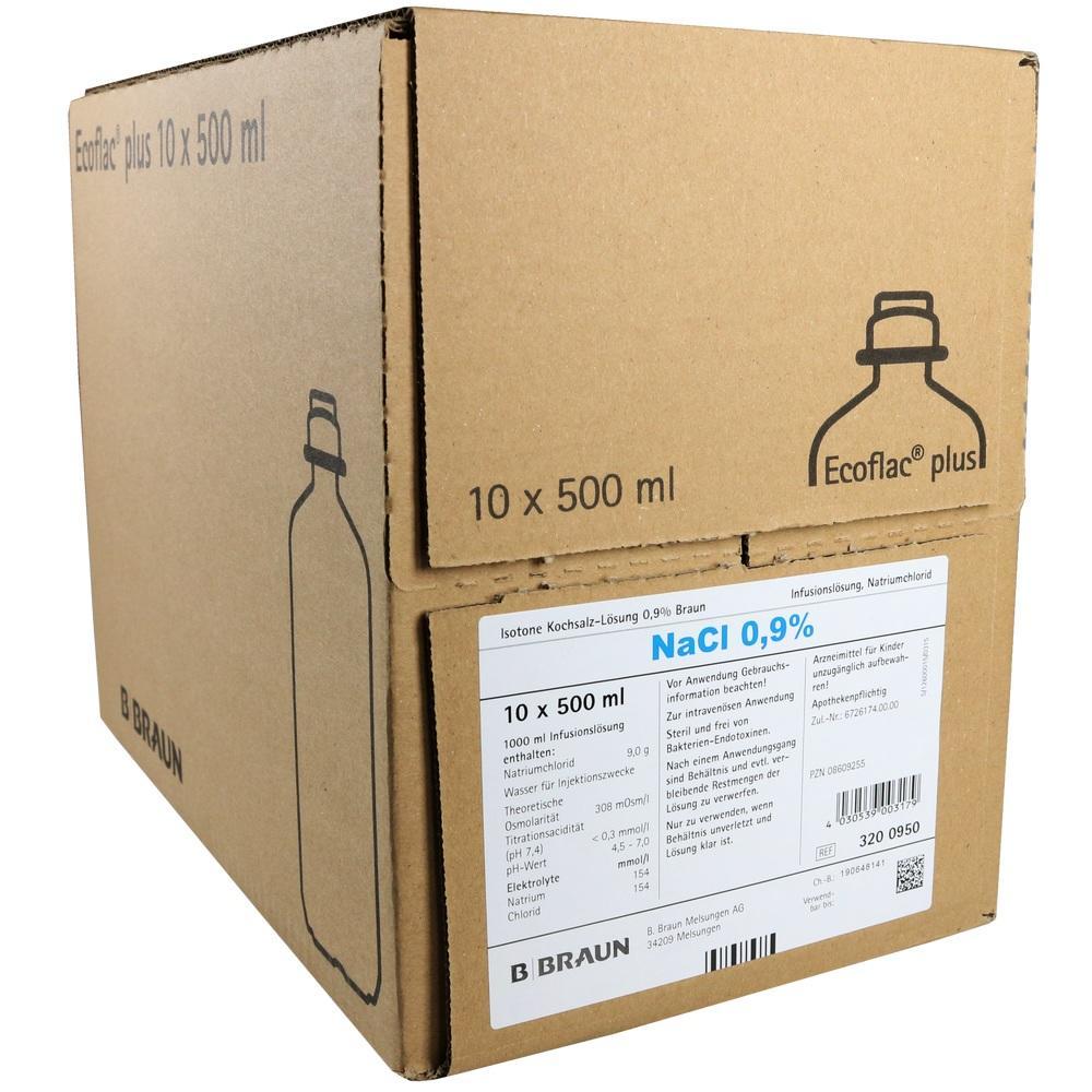 Karton mit 10 Flaschen à 500 ml Kochsalzlösung NaCl 0,9% von B. Braun.