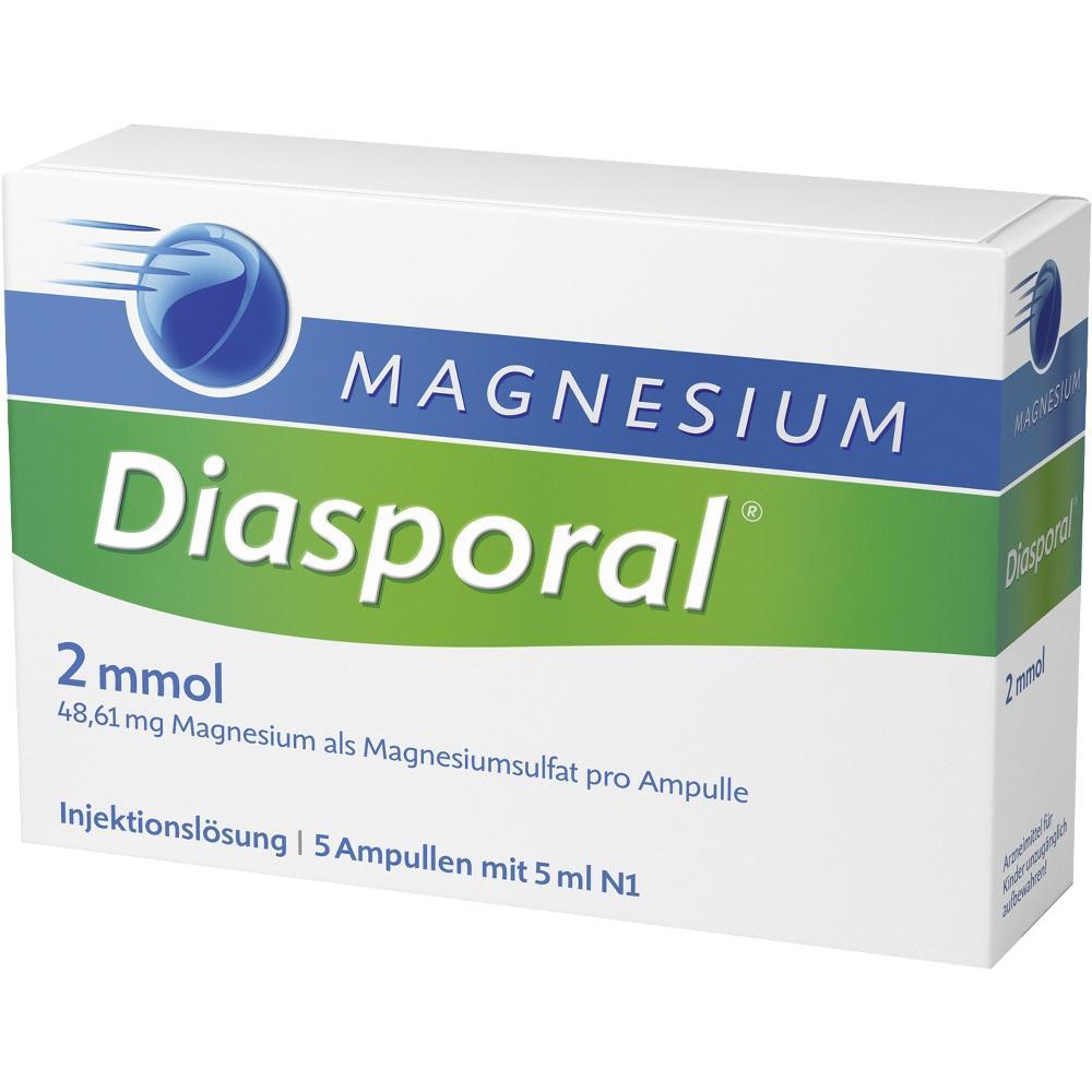 Weiße Packung mit der Aufschrift "Magnesium Diasporal", 5 Ampullen.