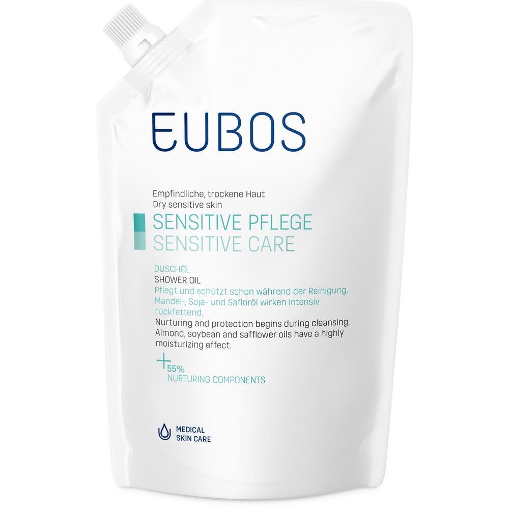 Wei&szlig;e Plastikverpackung mit der Aufschrift "EUBOS Sensitive Pflege Dusch&ouml;l".