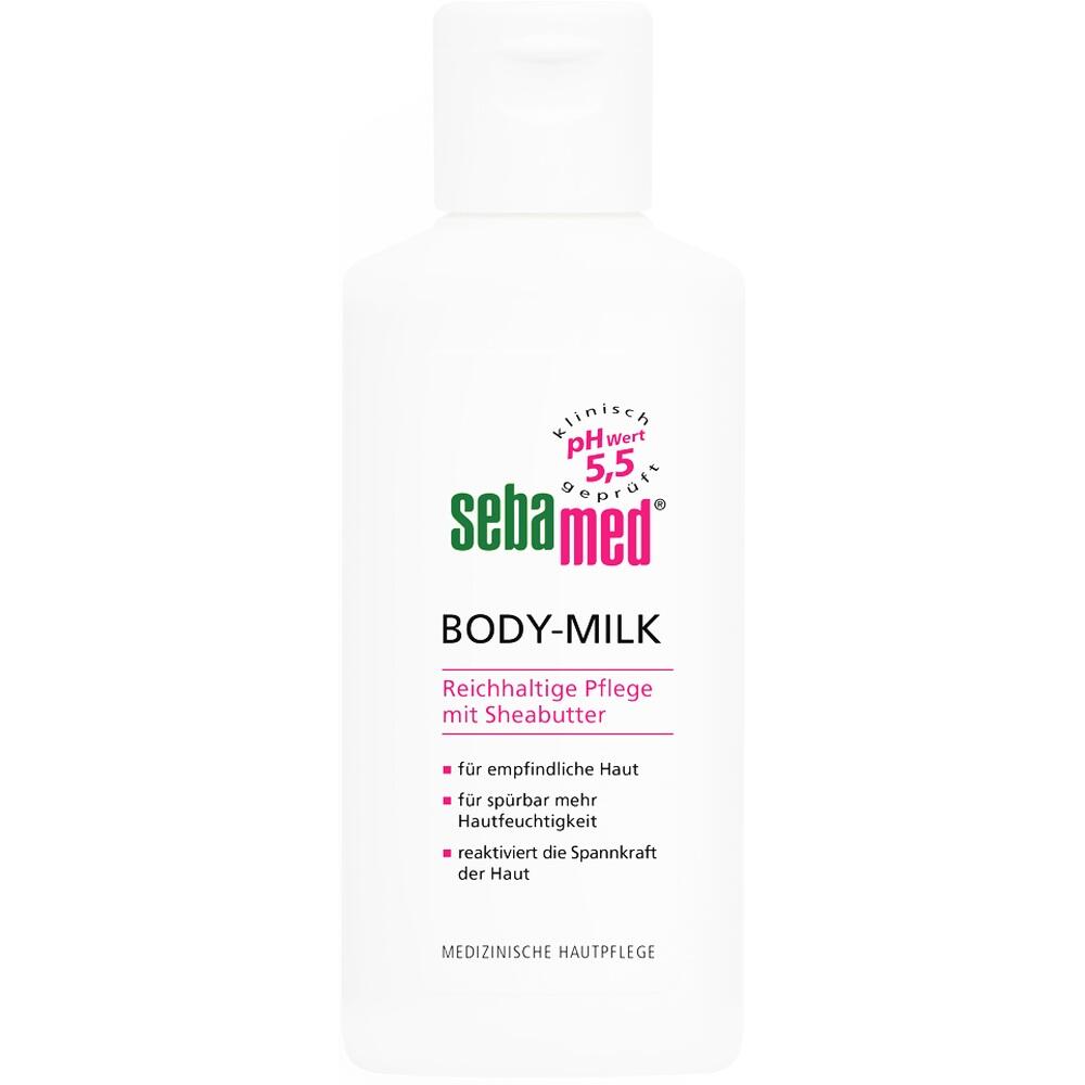 Weiße Flasche mit Sebamed Body-Milk für Feuchtigkeitspflege.
