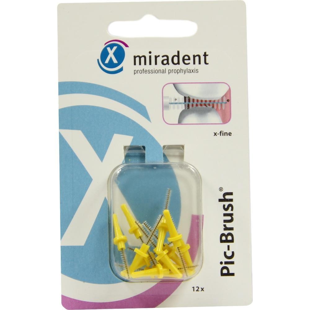 Gelbe Zahnreinigerbürsten von "miradent" in einer Verpackung mit blauem Hintergrund.