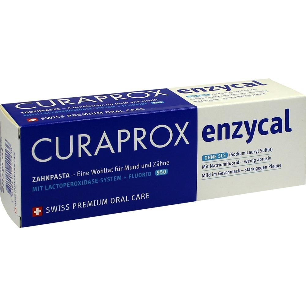 Weiße Zahnpastatube von Curaprox Enzycal liegt auf einer Verpackung.
